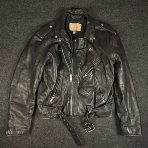 Vtg First MFG Co Men's Black Genuine Leather Motorcycle Jacket Belted Size L